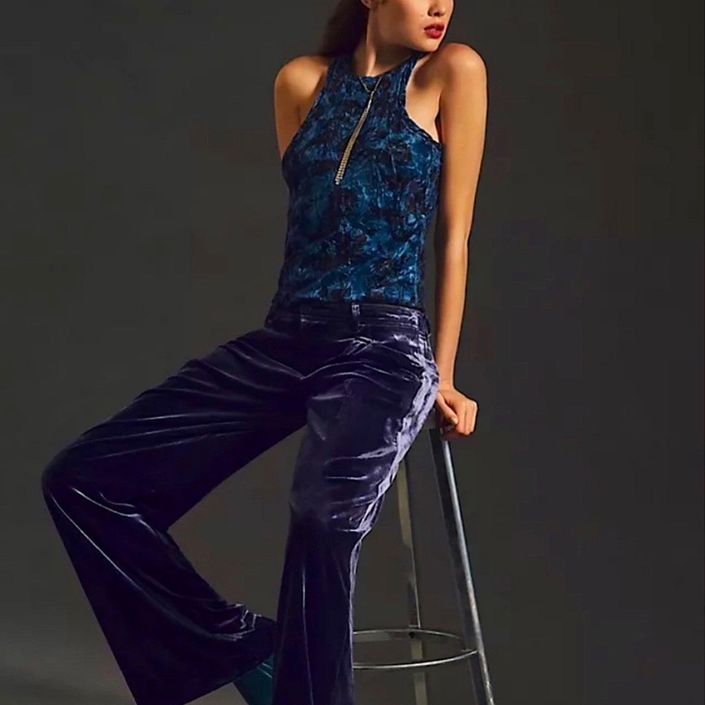 Pilcro Anthropologie Blue Velvet Floral Racerback Tank Top